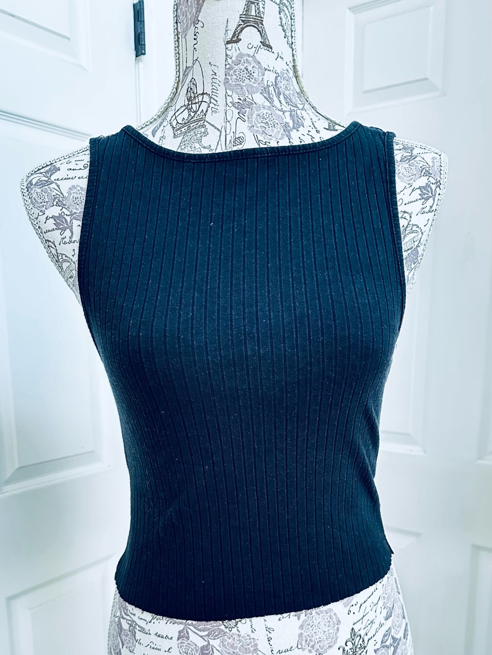 Heart & Hips Black Ribbed Tank Top High Boat Neckline Low Cut Back Size S